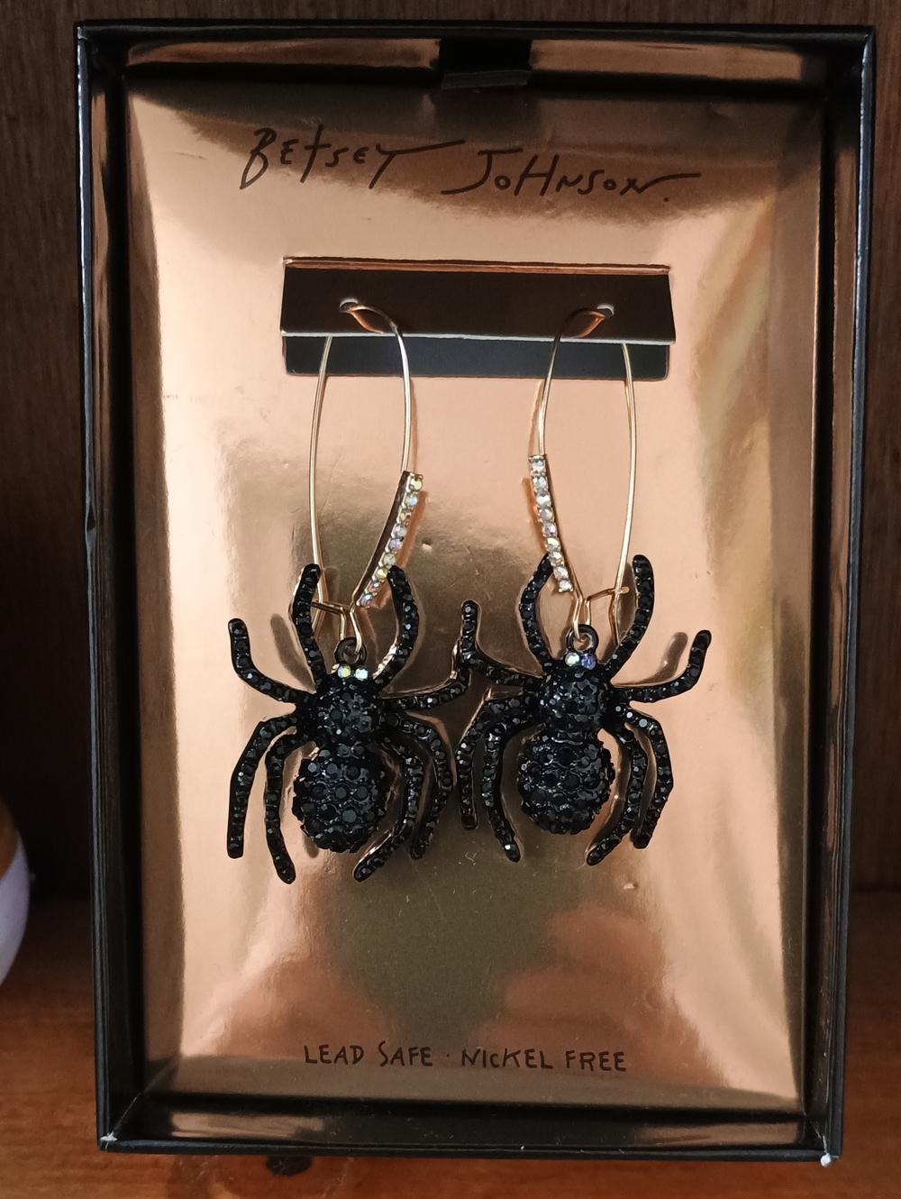 Betsey Johnson Halloween Black Crystal Spider Hoop Dangle Earrings NIB